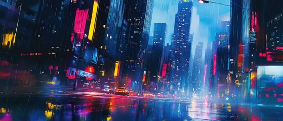 City skyline at night with neon lights reflecting on wet streets, showcasing urban life, vibrant colors, and a futuristic atmosphere in a bustling metropolis.