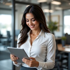 Fototapeta premium Una nueva empleada hispana en una oficina, sosteniendo una tableta mientras trabaja. Tiene una expresión apasionada y alegre, sonriendo mientras mira la tableta. Lleva una camisa blanca de manga larga