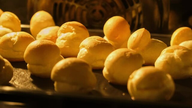 Profiteroles baking in oven. Homemade food growth in oven. Timelapse of profiterole production. Bakery concept. Brewing cake. Close-up in 4K, UHD