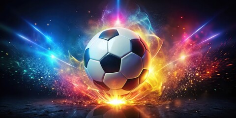 Naklejka premium Soccer ball with glowing lights and sparks surrounding it, set against a dark and mysterious background, bright, vibrant