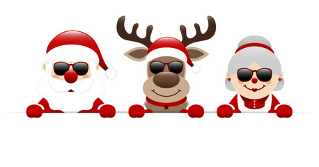 Weihnachtsmann Rentier Und Oma Sonnenbrille Halten Horizontales Banner Dunkelrot