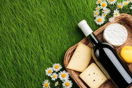 Rustic Picnic Basket with Wine and Cheese - Ideal for Food Blogs and Social Media Posts