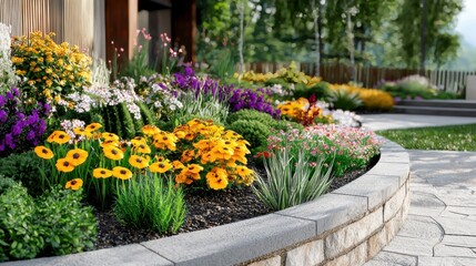 Vibrant Floral Garden with Blooming Flowers and Lush Greenery in Peaceful Outdoor Landscape Setting