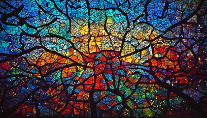 Vibrant mosaic artwork featuring rich jewel tones and a captivating stained-glass style.