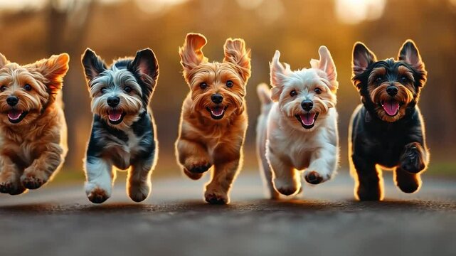 Joyful Dog Run: Five small dogs of various breeds, full of boundless energy and happiness, race towards the camera with their tongues out and joyful expressions.
