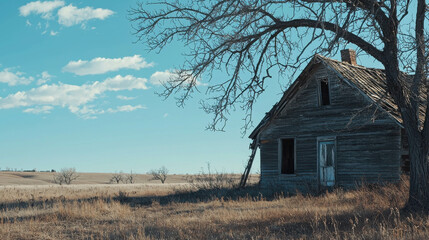Fototapeta premium Forgotten farmhouse standing alone on a barren field under a clear sky with old wooden beam