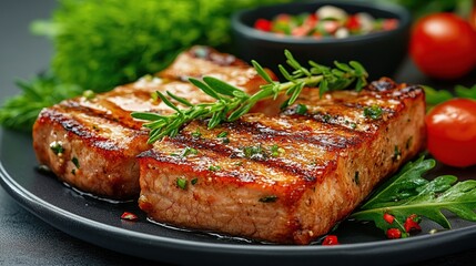 Grilled pork chops, herbs, salsa, close-up. Food photography for menus