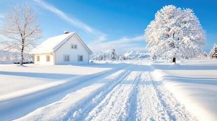 Snowy mountain road leads to winter house