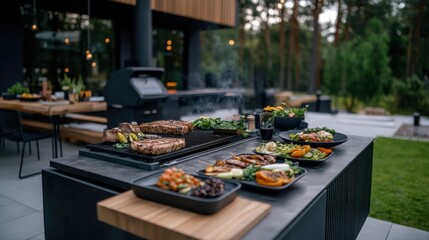 A backyard barbecue setup with a grill, outdoor seating, and food platters