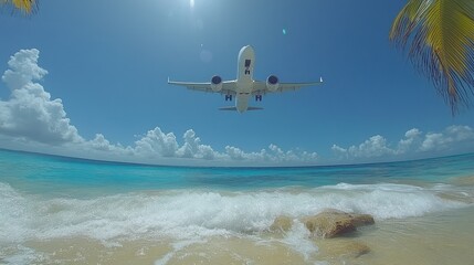 Airplane Landing Over Tropical Beach Paradise