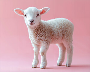 Fototapeta premium Adorable white lamb with soft fur isolated on pink background