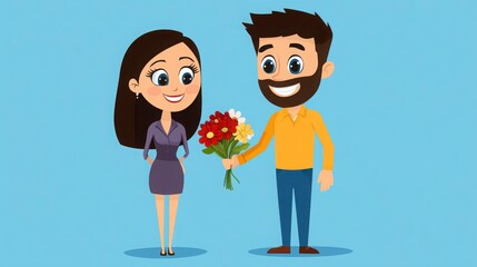 Man Presenting Beautiful Flowers to Wife in Flat Vector Illustration