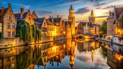 Fototapeta premium Evening view on Bruges old town with canals and medieval architecture illuminated by soft golden light, architecture