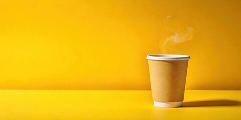 A steaming cup of hot beverage in a paper cup sits on a vibrant yellow surface