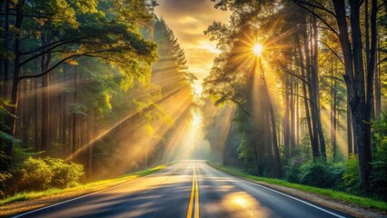 Sunbeams Illuminate a Misty Forest Road at Dawn