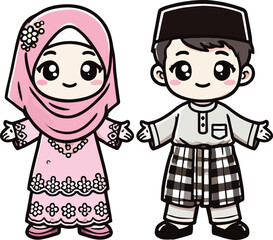 Cute muslim boy and girl. Happy Ramadan, Happy Fasting Day. Selamat Hari Raya Aidilfitri greeting card cartoon character.