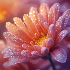 Close-up view of a pink flower adorned with morning dew in a serene garden setting