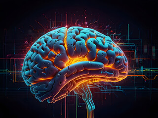 Fototapeta premium A colorful, futuristic illustration of a human brain, surrounded by swirling clouds of data and electrical impulses, with vibrant, neon-lit pathways and circuits tracing the neural connections