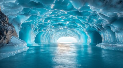 Fototapeta premium A tranquil ice cave with shimmering blue hues, reflecting light across a calm water surface, showcasing nature's glacier artistry.