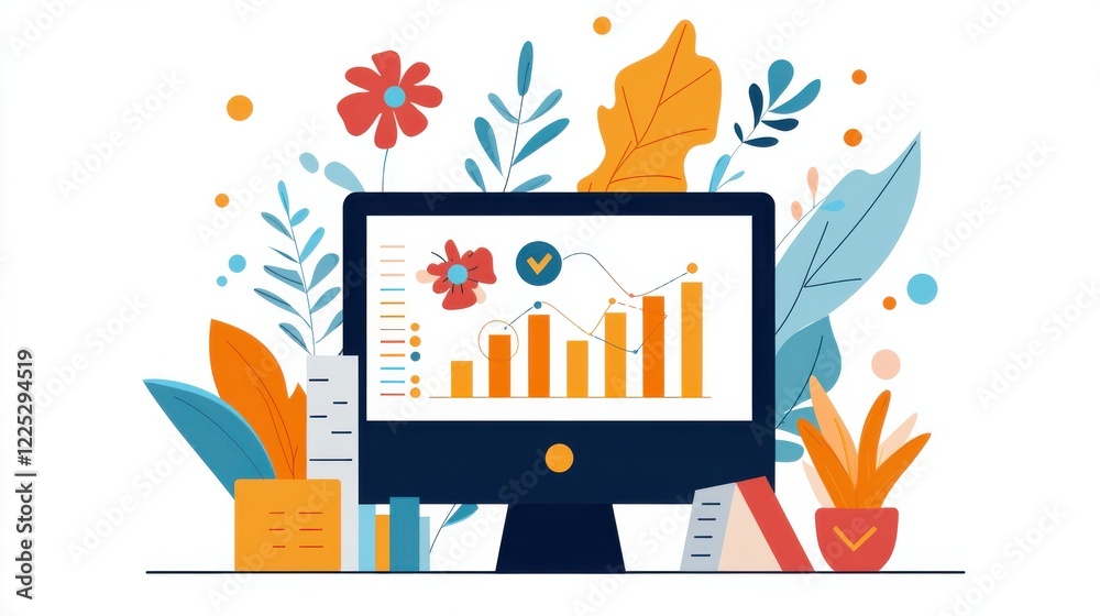 Poster digital data analytics dashboard on computer monitor with colorful infographic elements