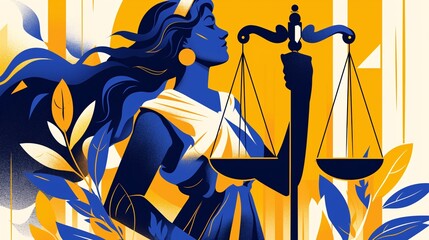 An abstract depiction of justice symbolism, designed with a minimalist and surreal approach. Use bold shapes and gentle color transitions to represent the ideals of equality