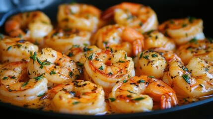 Succulent grilled shrimp are beautifully arranged in a skillet, showcasing a golden hue and garnished with fresh herbs. Sunlight highlights the tasty seafood at an outdoor gathering