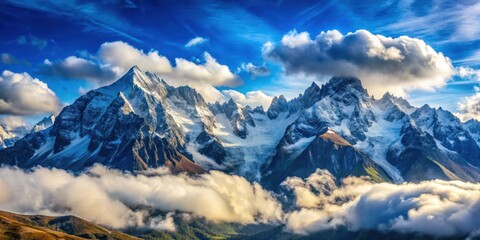 Obraz premium Panorama of majestic mountains standing tall in the sky with a serene blue background, surrounded by fluffy white clouds - , blue sky, surrounding landscape