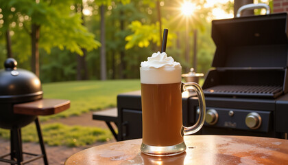 Frosted root beer float in sunny outdoor BBQ setting, refreshing treat