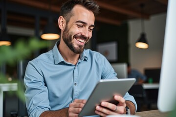 Smiling Man Using a Tablet in a Modern Office Space, Highlighting a Productive Work Environment with Engaging Technology and Collaborative Atmosphere