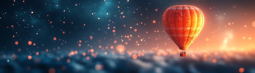 Fototapeta premium Colorful hot air balloon drifting through a dark night sky, mixed media art style, glowing in the night with stars, generative AI, vibrant colors, ultrarealistic, 8K resolution