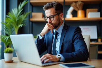 Fototapeta premium Focused Businessman in Formal Attire Working on Laptop in Modern Office with Indoor Plants and Stylish Decor, Representing Productivity and Professionalism