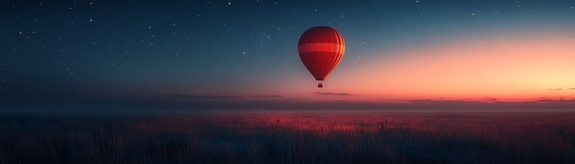 Fototapeta premium Hot air balloon against a mystical night sky, glowing softly, mixed media technique, starry sky and soft lighting, generative AI, ultradetailed, 8K resolution