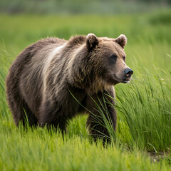 Fototapeta premium rough brown bear male approaching on meadow