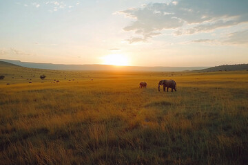 Elephants walking peacefully in a golden savanna at sunset, with distant hills and wildlife in the background