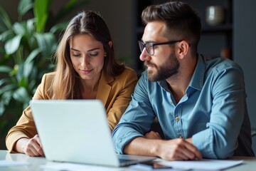 Collaborative Teamwork: A Focused Interaction Between a Man and Woman in a Modern Workspace with a Laptop, Capturing a Moment of Discussion and Problem-Solving