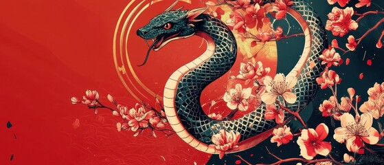 Fototapeta premium A Dark, Stylized Dragon Serpent Intertwined With Cherry Blossoms Against A Red Backdrop. The Artwork Has A Bold, Graphic Feel, Suggesting Power And Beauty.