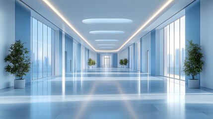 Fototapeta premium Bright and spacious hallway in a business building, featuring minimalist design and reflective finishes, 3D rendering, 8K high quality realistic images,