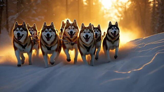 Siberian Husky Sled Team at Sunset: A breathtaking view of a team of Siberian Huskies running through a snowy landscape, bathed in the golden light of a setting sun.  The dogs appear powerful.