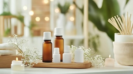 essential oil collection, aromatherapy. A serene arrangement of essential oil bottles and candles, evoking a calming atmosphere, perfect for relaxation and wellness.