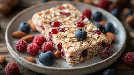 Healthy berry granola bar on plate