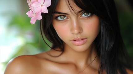 Fototapeta premium Close-up of a female with striking green eyes and dark hair adorned with a pink flower. She radiates confidence and charm in a serene, nature-inspired setting