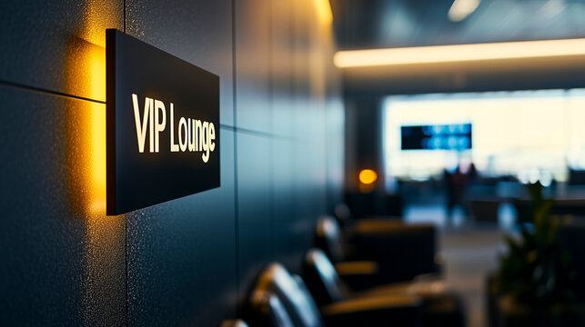 VIP Lounge sign at airport luxury waiting area with blurred background