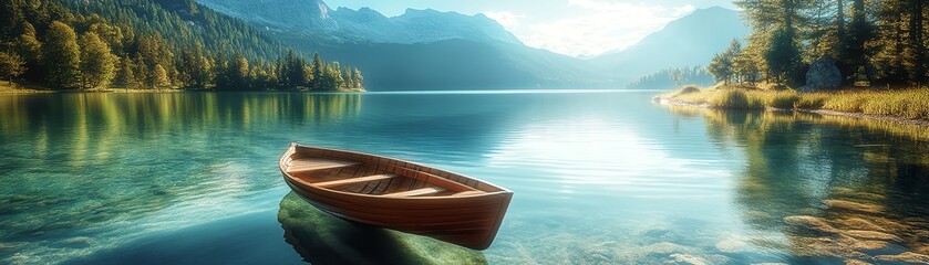 Obraz premium Tranquil summer lake with mountains in the distance, boat floating on clear water, generative AI design, ultradetailed, 8K resolution, vivid sunlight and natural colors