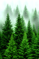 Fototapeta premium A serene forest scene with lush green trees shrouded in a light mist, creating a tranquil and peaceful atmosphere.