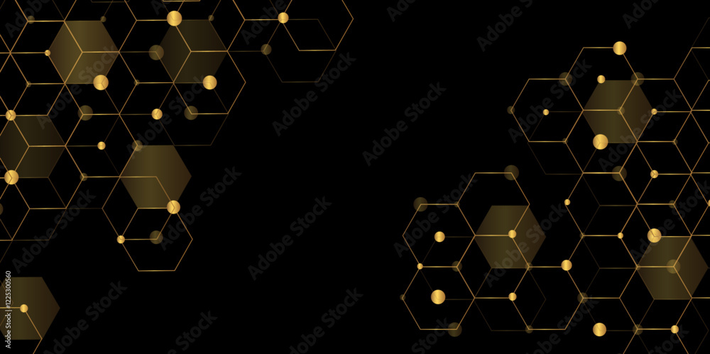 Aufkleber Molecular structure abstract tech background. Geometric black and golden Vector banner design with hexagons. Science network pattern, connecting lines and dots Medical background, Vector illustration.