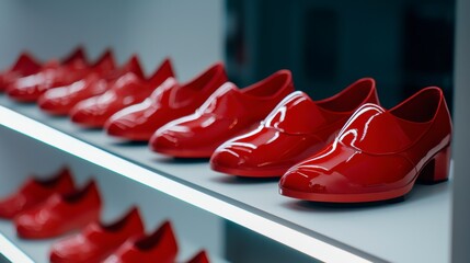 Bright Red Glossy Shoes Displayed on a Modern Retail Shelf in a Fashion Store
