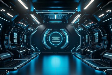 Futuristic sci-fi corridor with glowing blue lights, sleek design, and high-tech atmosphere