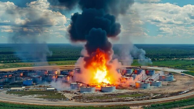 A slow-motion capture of a massive oil tank exploding, with debris flying and intense fireball visuals, showcasing intricate fire and smoke details