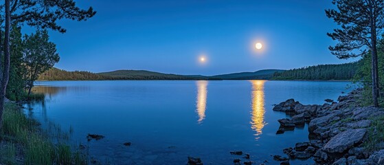 Serene twilight lake with double moon reflection and forest landscape under the blue sky