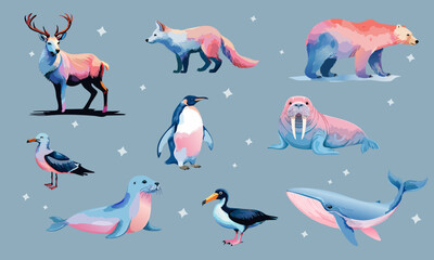 Obraz premium Set of vector watercolor polar animals in pastel pink violet blue shades. reindeer, polar bear, walrus, seal, seagull, arctic fox, whale, penguin